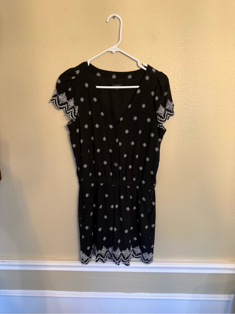 LOFT Black Mini Dress with White Embroidery